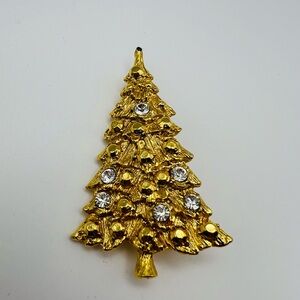 Vintage Gold Tone Rhinestone Christmas Tree Brooch – 1980s Holiday Jewelry